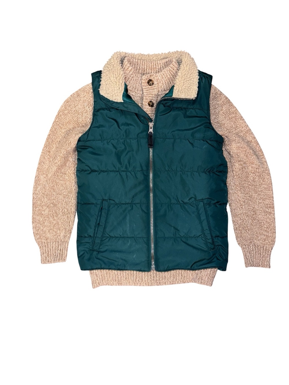 Carter's Green Puffy Vest with Sherpa Collar with Brown sweater boys size 8